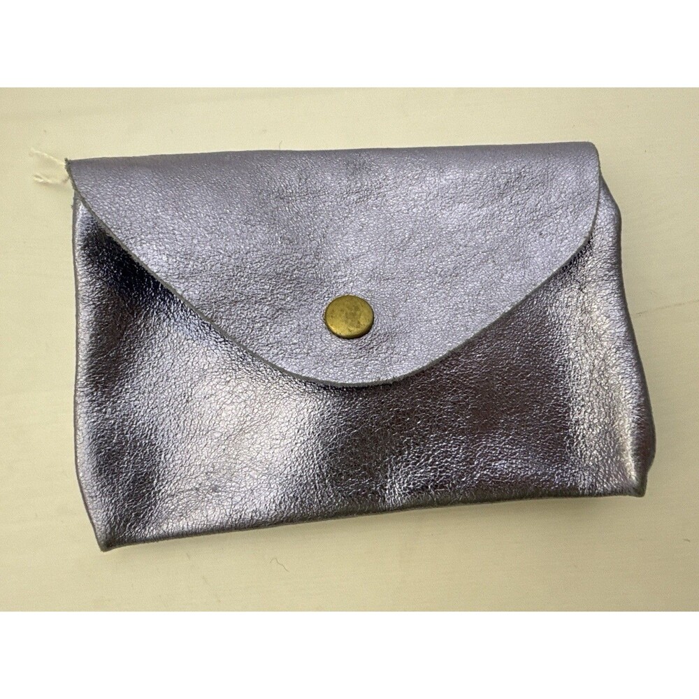 Metallic Silver Leather Envelope Clutch Wallet Snap Closure Pouch Purse